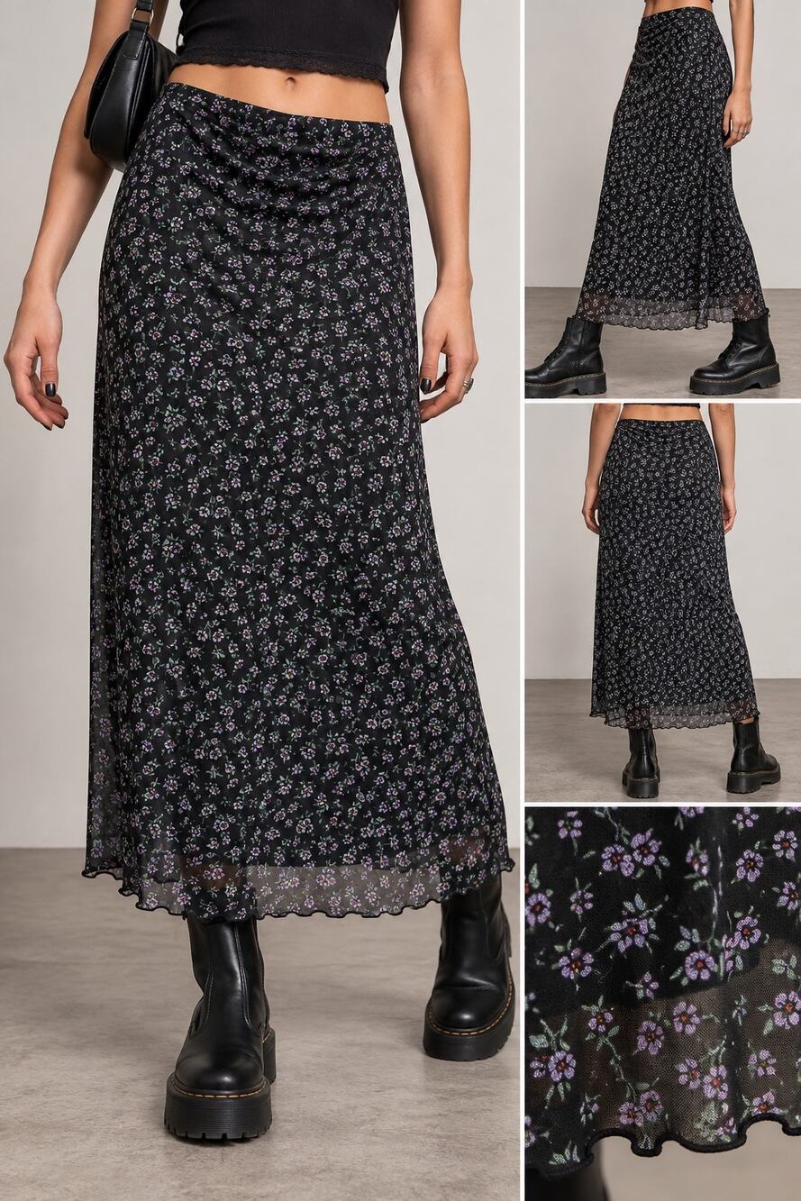 Fairy Grunge 5B Style Black Floral Mesh Midi Skirt XL Purple Ditsy Flower Y2K